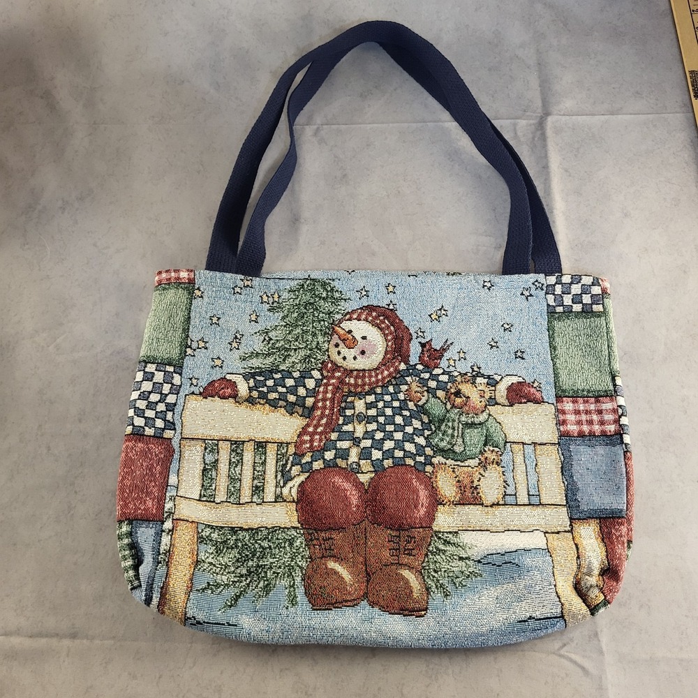 Vintage 12×16" Mohawk Home Snowman Jacquard Woven Tapestry Small Tote Bag USA